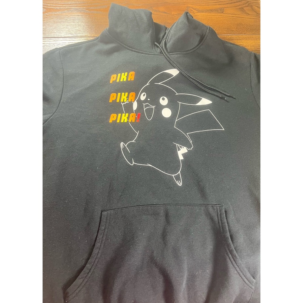 Pokemon Pikachu Hoodie Mens L Black Graphic Pullover Fleece Pika Pika Graphic